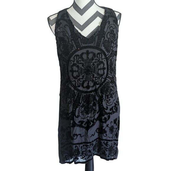 Hale Bob Black Sequin Embellished Velvet Burnout Mini Dress Tank M - Picture 1 of 5